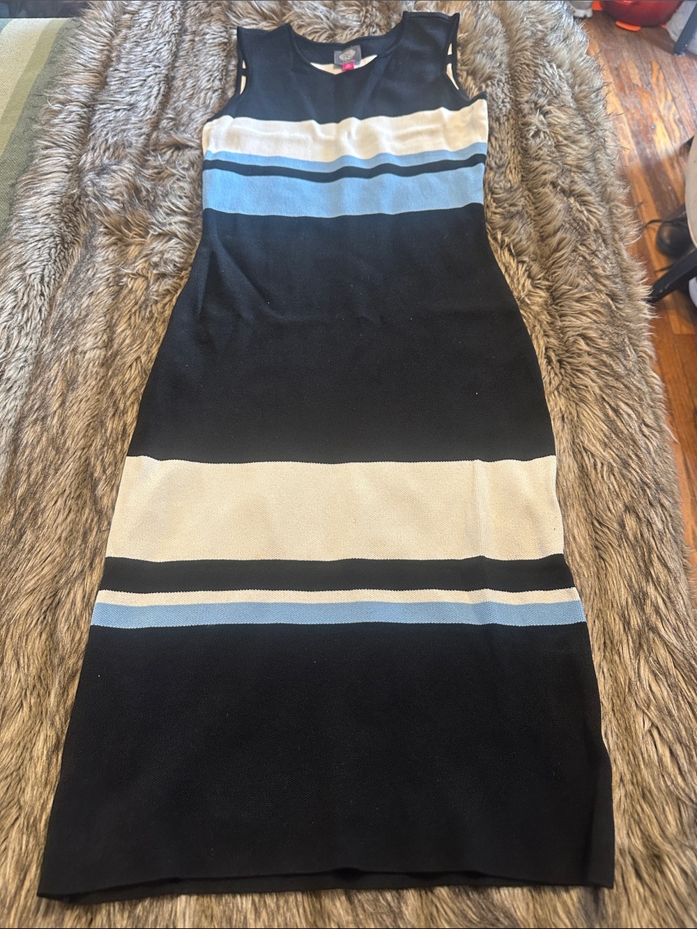 Navy Knit Sleeveless Stripe Dress with Blue & Cream Bands